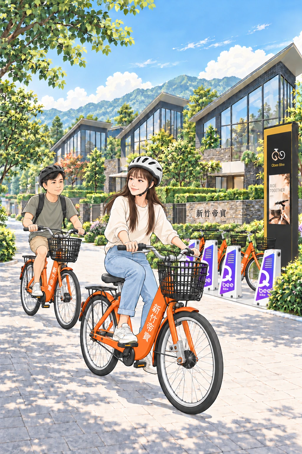 住戶騎著橘紅色新竹帝寶單車，穿梭於斜屋頂、玻璃立面與綠意環繞的社區；插畫合成示意